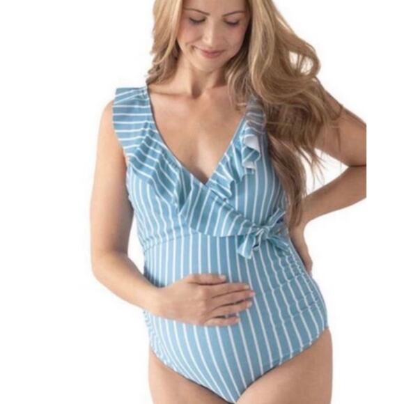 NWT Kindred Bravely Ruffle Wrap 1 Piece Nursing
Swimsuit Coastal Stripe Medium - Picture 1 of 7